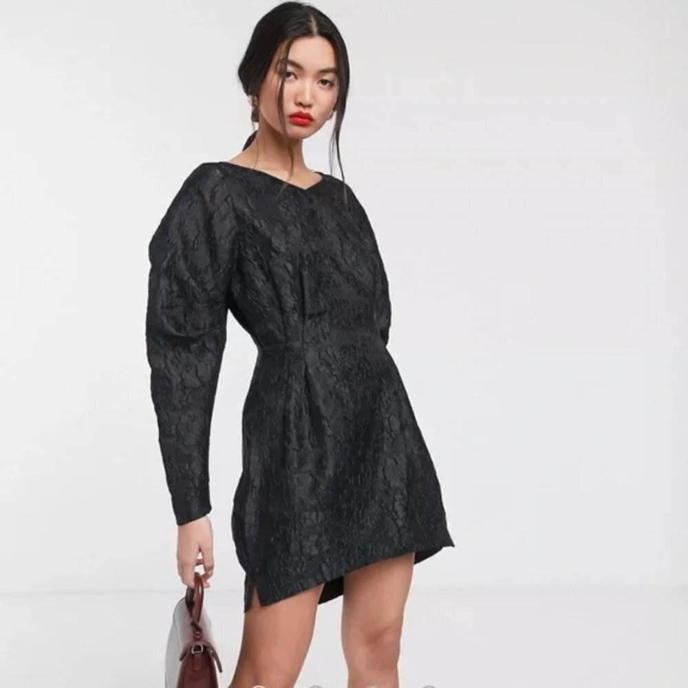& Other Stories Floral Jacquard Mini Dress Size 8 Black Structured Bold Sleeve